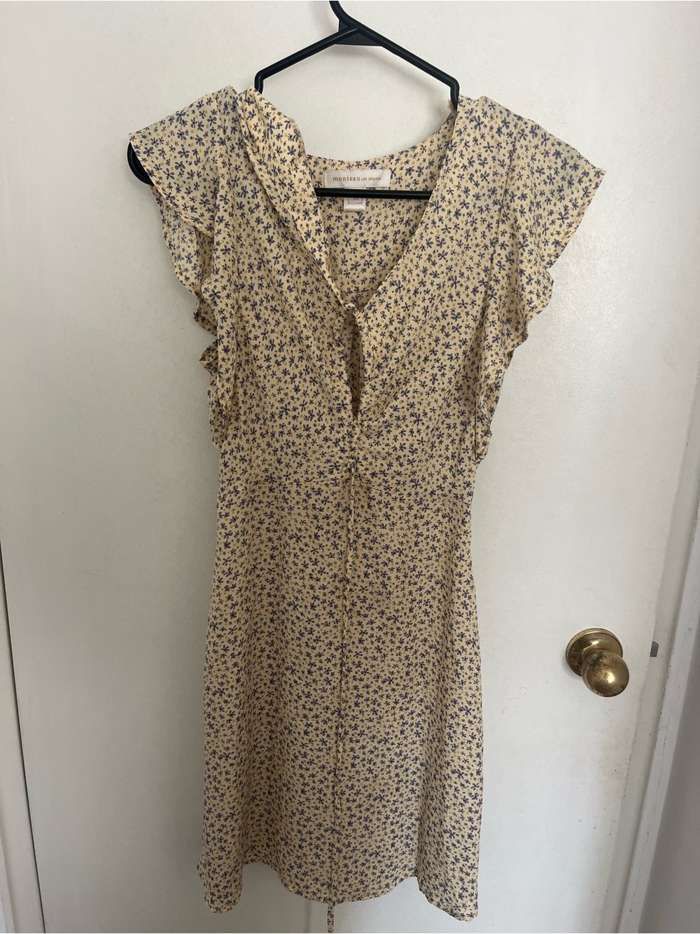 Madewell Yellow Dress with Purple Floral Print and Ruffle Sleeves
